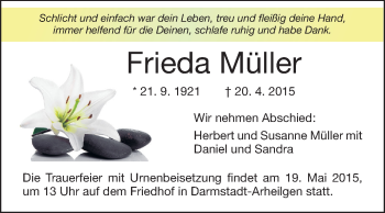 Traueranzeige von Frieda Müller von Echo-Zeitungen (Gesamtausgabe)