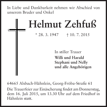 Traueranzeige von Helmut Zehfuß von Echo-Zeitungen (Gesamtausgabe)