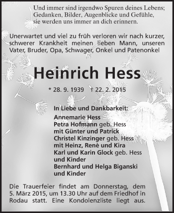Traueranzeige von Heinrich Hess von Echo-Zeitungen (Gesamtausgabe)