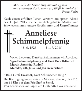 Traueranzeige von Anneliese Schimmelpfennig von Echo-Zeitungen (Gesamtausgabe)