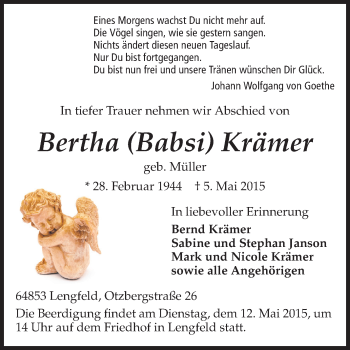 Traueranzeige von Bertha  Krämer von Echo-Zeitungen (Gesamtausgabe)