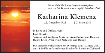 Traueranzeige von Katharina Klemenz von Echo-Zeitungen (Gesamtausgabe)
