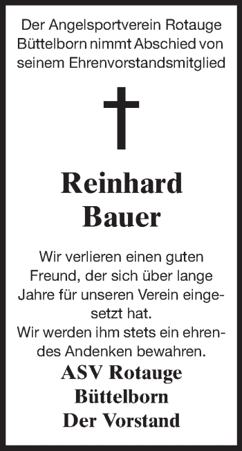 Traueranzeige von Reinhard Bauer von Rüsselsheimer Echo, Groß-Gerauer-Echo, Ried Echo