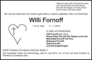 Traueranzeige von Willi Fornoff von Echo-Zeitungen (Gesamtausgabe)
