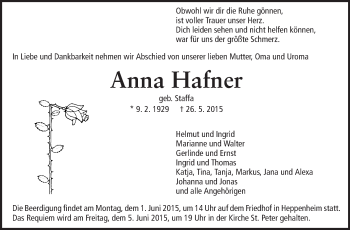 Traueranzeige von Anna Hafner von Starkenburger Echo