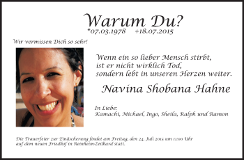 Traueranzeige von Navina Shobana Hahne von Echo-Zeitungen (Gesamtausgabe)