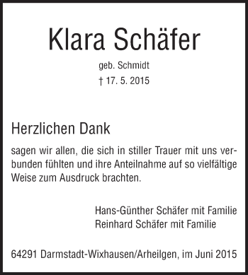 Traueranzeige von Klara Schäfer von Echo-Zeitungen (Gesamtausgabe)