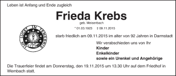 Traueranzeige von Frieda Krebs von trauer.echo-online.de