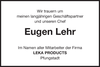 Traueranzeige von Eugen Lehr von Starkenburger Echo
