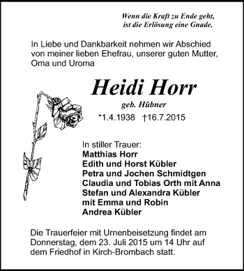 Traueranzeige von Heidi Horr von Odenwälder Echo