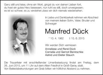 Traueranzeige von Manfred Dück von Rüsselsheimer Echo, Groß-Gerauer-Echo, Ried Echo
