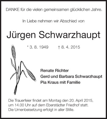 Traueranzeige von Jürgen Schwarzhaupt von Echo-Zeitungen (Gesamtausgabe)