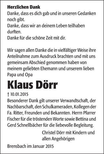 Traueranzeige von Klaus Dörr von Odenwälder Echo