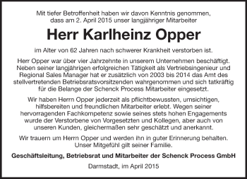 Traueranzeige von Karlheinz Opper von Echo-Zeitungen (Gesamtausgabe)