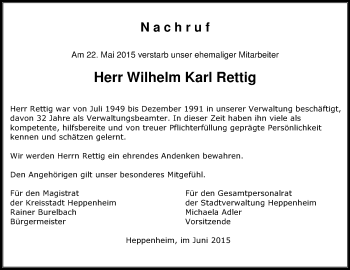 Traueranzeige von Wilhelm Karl Rettig von Starkenburger Echo