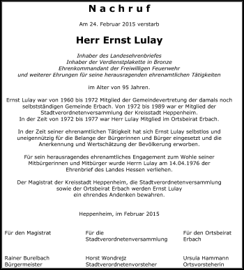 Traueranzeige von Ernst Lulay von Starkenburger Echo