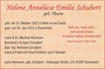 Traueranzeige von Helene Anneliese Emilie Schubert von Echo-Zeitungen (Gesamtausgabe)