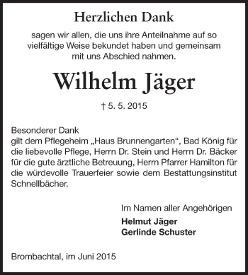 Traueranzeige von Wilhelm Jäger von Odenwälder Echo