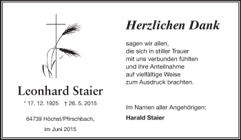 Traueranzeige von Leonhard Staier von Odenwälder Echo