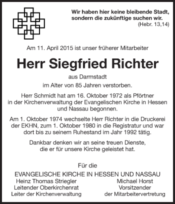 Traueranzeige von Siegfried Richter von Echo-Zeitungen (Gesamtausgabe)
