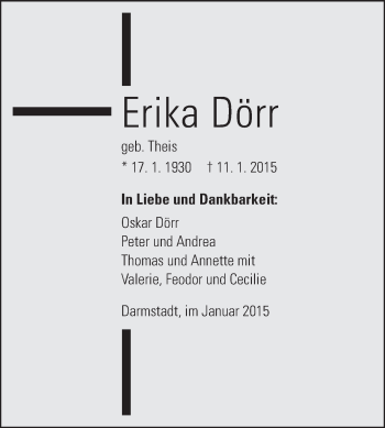 Traueranzeige von Erika Dörr von Echo-Zeitungen (Gesamtausgabe)