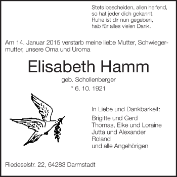Traueranzeige von Elisabeth Hamm von Echo-Zeitungen (Gesamtausgabe)