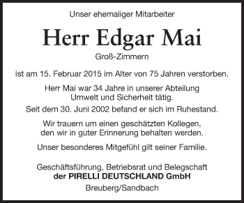 Traueranzeige von Edgar Mai von Odenwälder Echo