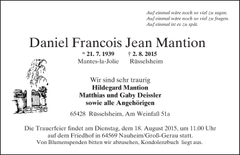 Traueranzeige von Daniel Francois Jean Mantion von trauer.echo-online.de