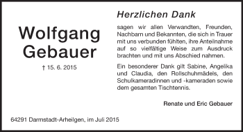 Traueranzeige von Wolfgang Gebauer von Echo-Zeitungen (Gesamtausgabe)