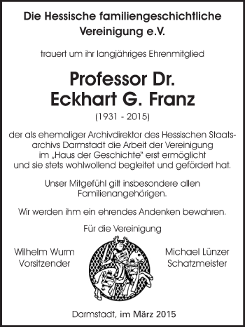 Traueranzeige von Eckhart G Franz von Echo-Zeitungen (Gesamtausgabe)