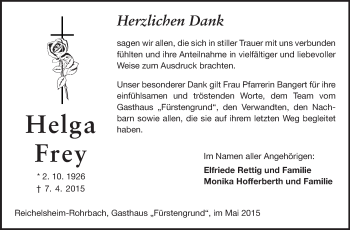 Traueranzeige von Helga Frey von Echo-Zeitungen (Gesamtausgabe)