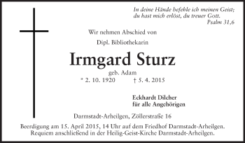 Traueranzeige von Irmgard Sturz von Echo-Zeitungen (Gesamtausgabe)