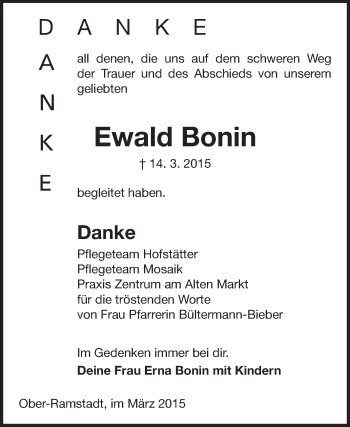 Traueranzeige von Ewald Bonin von Echo-Zeitungen (Gesamtausgabe)