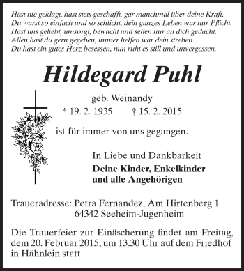 Traueranzeige von Hildegard Puhl von Echo-Zeitungen (Gesamtausgabe)