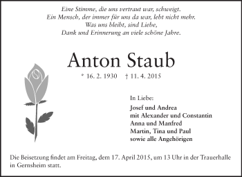 Traueranzeige von Anton Staub von Echo-Zeitungen (Gesamtausgabe)
