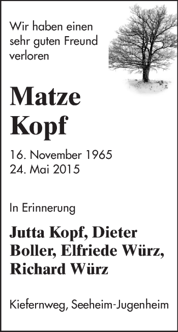 Traueranzeige von Matze Kopf von Echo-Zeitungen (Gesamtausgabe)