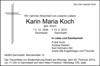 Traueranzeige von Karin Maria Koch von Echo-Zeitungen (Gesamtausgabe)