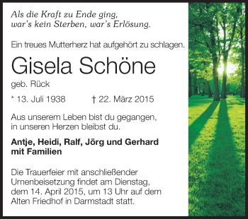 Traueranzeige von Gisela Schöne von Echo-Zeitungen (Gesamtausgabe)
