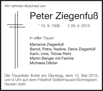 Traueranzeige von Peter Ziegenfuß von Echo-Zeitungen (Gesamtausgabe)