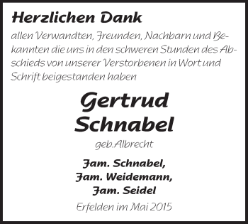 Traueranzeige von Gertrud Schnabel von Rüsselsheimer Echo, Groß-Gerauer-Echo, Ried Echo