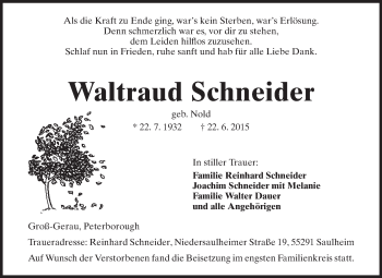 Traueranzeige von Waltraud Schneider von Rüsselsheimer Echo, Groß-Gerauer-Echo, Ried Echo