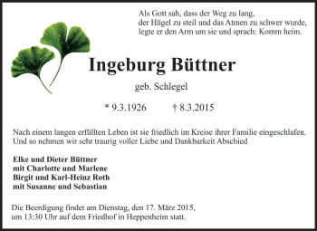 Traueranzeige von Ingeburg Büttner von Starkenburger Echo