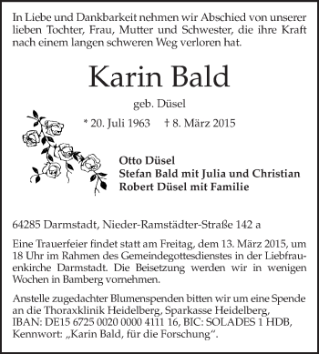 Traueranzeige von Karin Bald von Echo-Zeitungen (Gesamtausgabe)