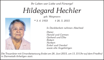 Traueranzeige von Hildegard Hechler von Echo-Zeitungen (Gesamtausgabe)