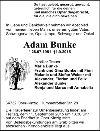 Traueranzeige von Adam Bunke von trauer.echo-online.de