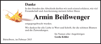 Traueranzeige von Armin Beißwenger von Rüsselsheimer Echo, Groß-Gerauer-Echo, Ried Echo