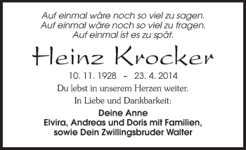 Traueranzeige von Heinz Krocker von Echo-Zeitungen (Gesamtausgabe)