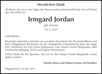 Traueranzeige von Irmgard Jordan von Starkenburger Echo