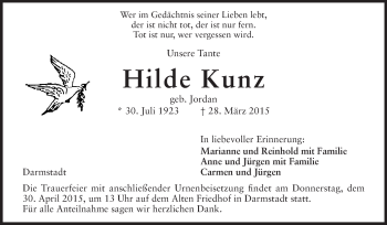 Traueranzeige von Hilde Kunz von Echo-Zeitungen (Gesamtausgabe)