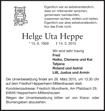 Traueranzeige von Helge Uta Heppe von Starkenburger Echo